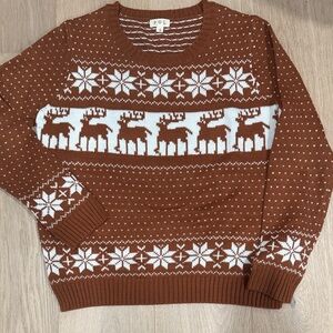 POL Men's Festive Brown and White Crewneck Sweater